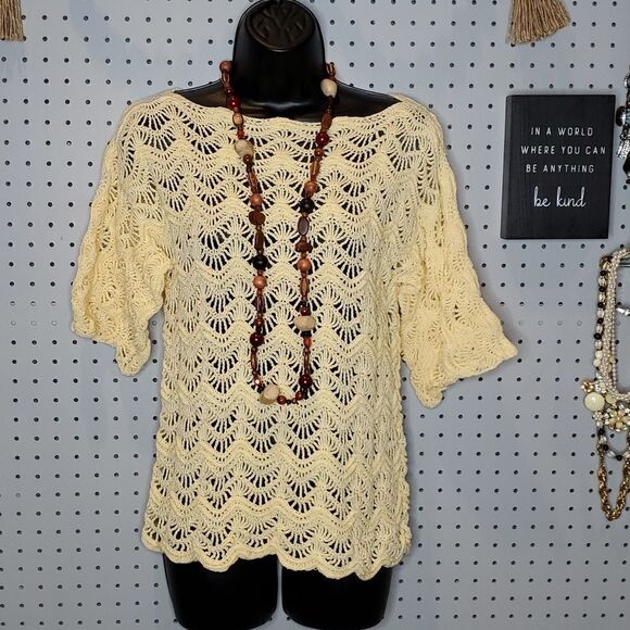 Handmade Soft Yellow Crocheted Open Weave Sweater BoHo Blouse, Sz Small?? - Picture 3 of 6